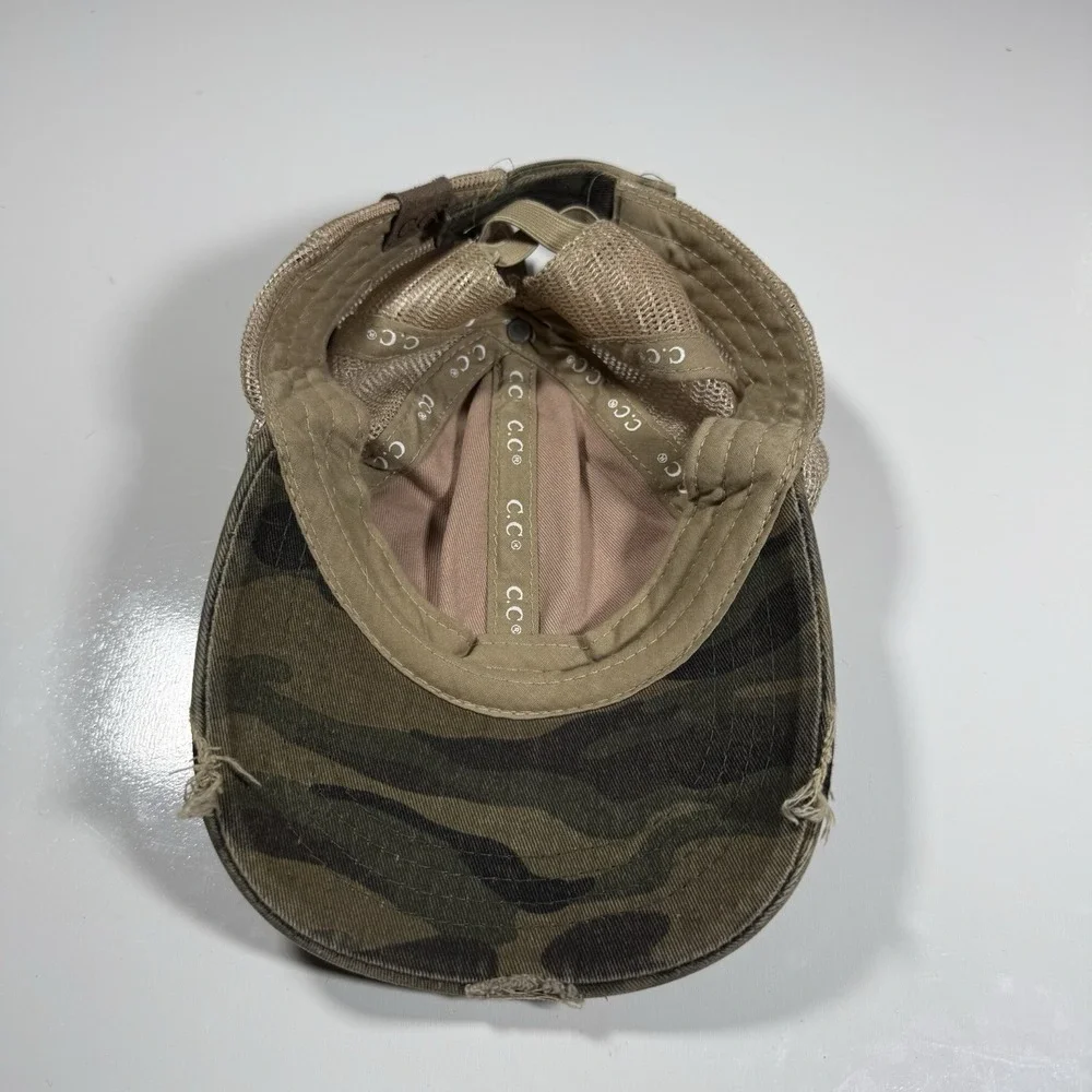 C.C Exclusives Distressed Camo Criss-Cross Ponytail Baseball Hat Tan Mesh Back